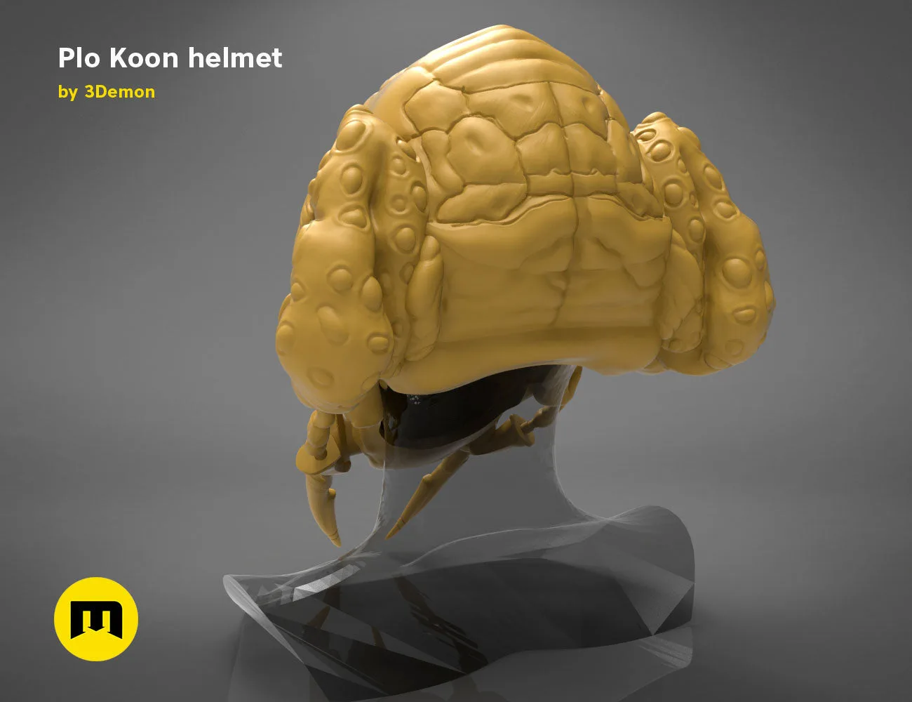 3D model render of Plo Koon helmet, yellow textured cosplay prop, Star Wars 3D print