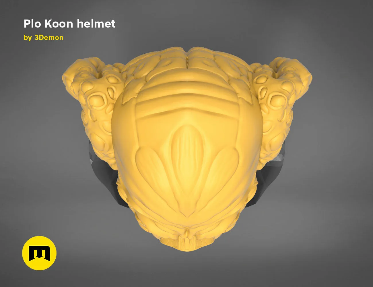 3D model render of Plo Koon helmet, yellow Mandalorian cosplay prop, top view STL