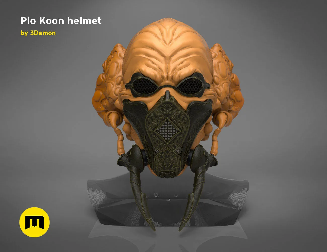 3D model render of Plo Koon helmet, orange Jedi Master cosplay prop, front view