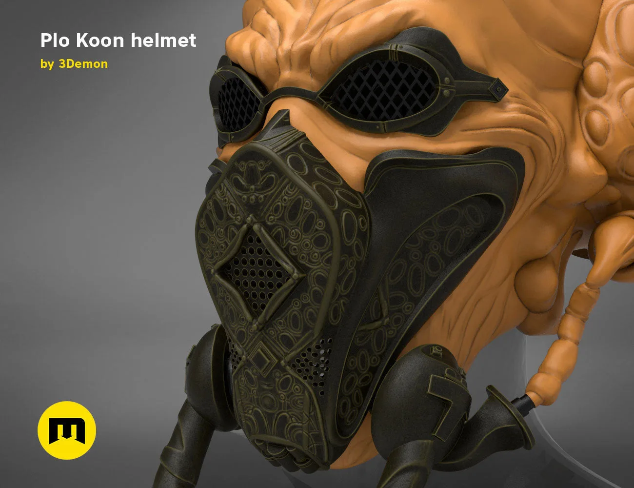 3D model render of Plo Koon helmet, side view, Star Wars Mandalorian cosplay prop