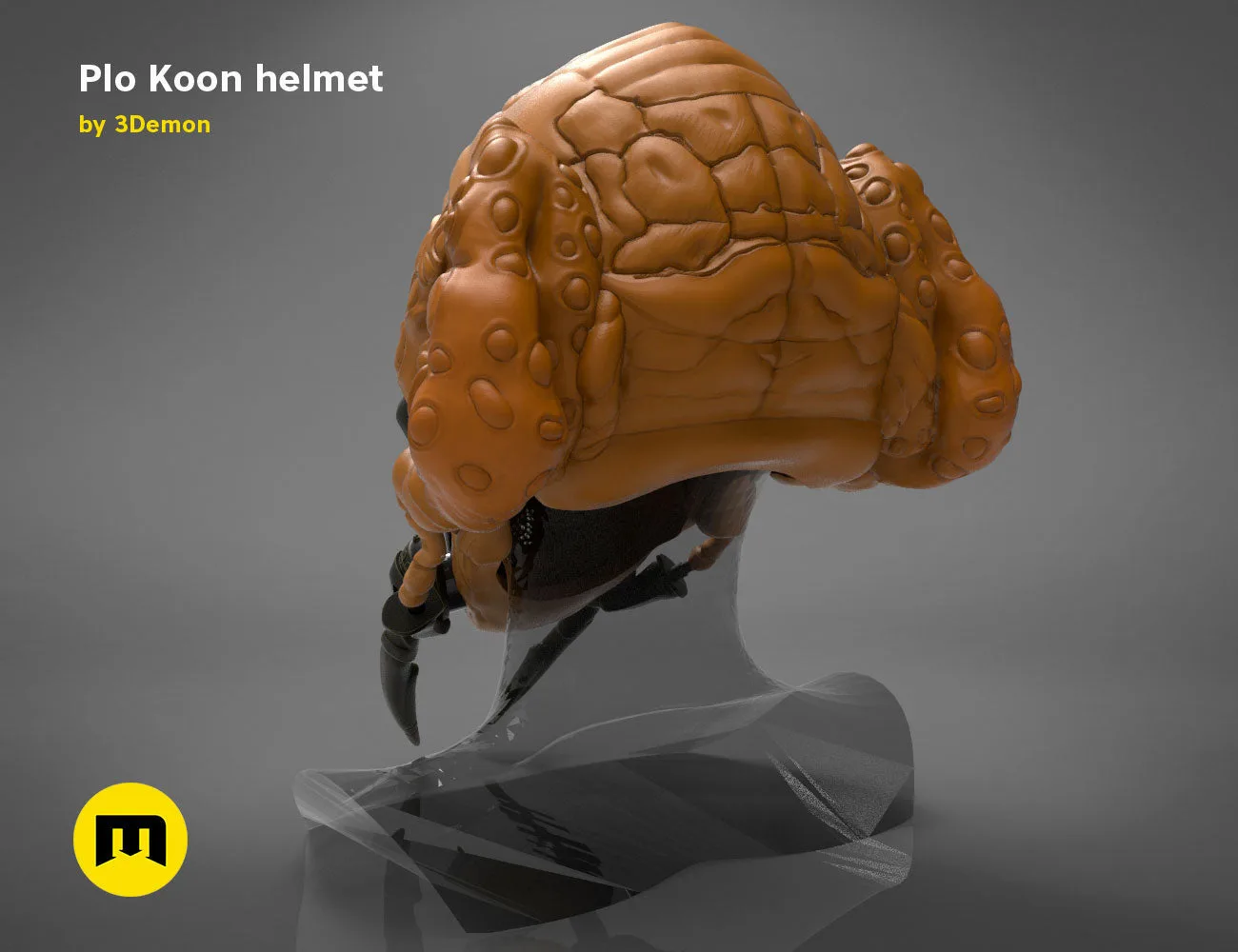 3D visualization of Plo Koon helmet, orange textured cosplay prop, Star Wars 3D print