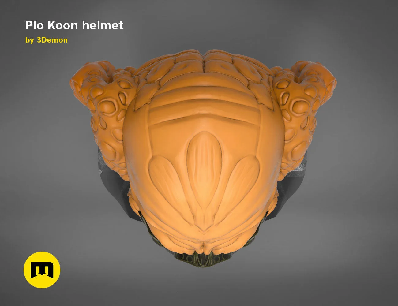 3D model render of Plo Koon helmet, orange Star Wars cosplay prop, top view STL