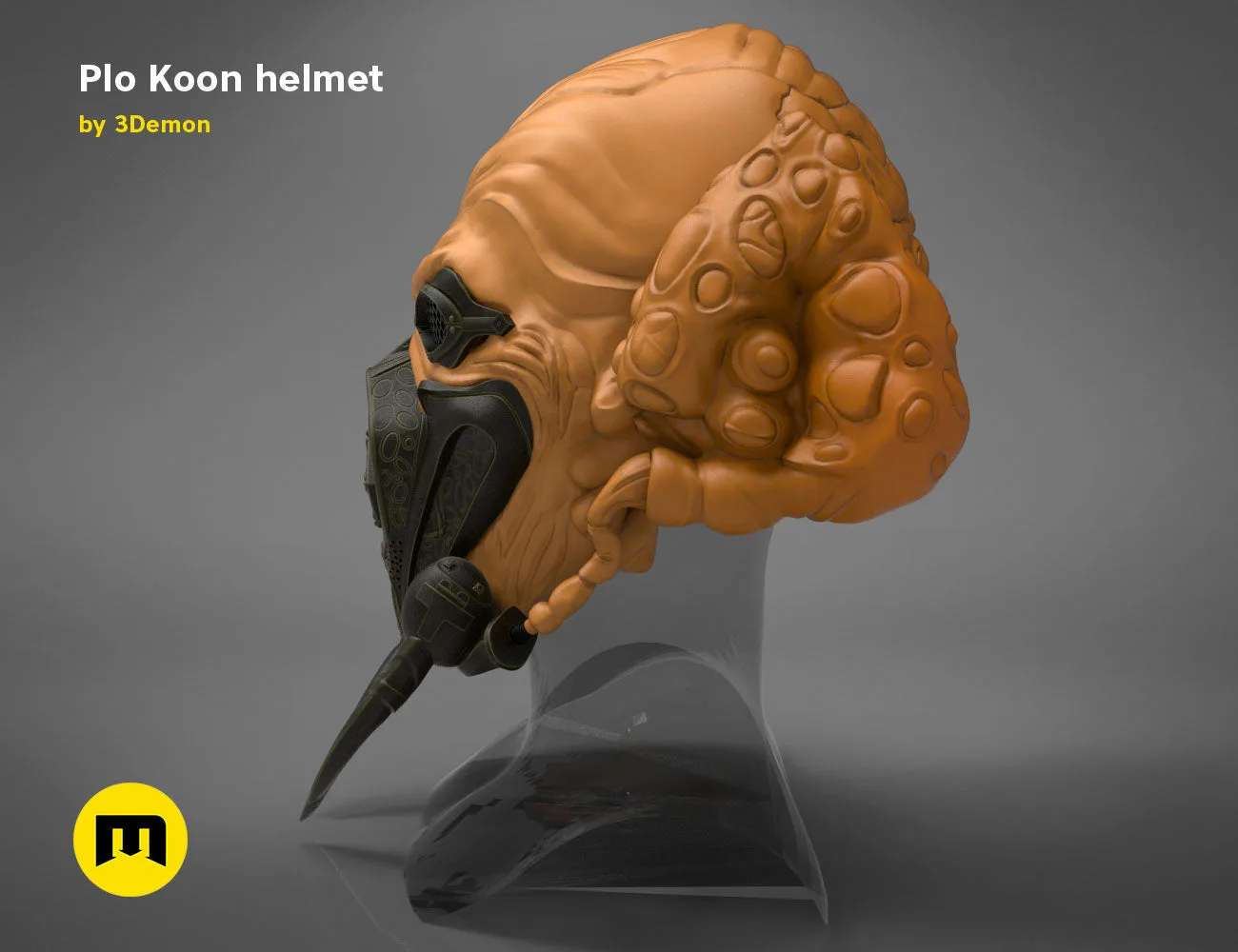 3D model render of Plo Koon helmet, Star Wars cosplay prop, side view with horn detail