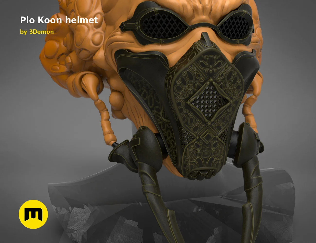 3D visualization of Plo Koon helmet, Star Wars cosplay prop, intricate orange and black 3D print