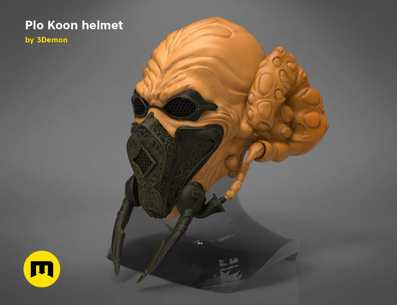 3D visualization of Plo Koon helmet, orange Star Wars cosplay prop, side view 3D print