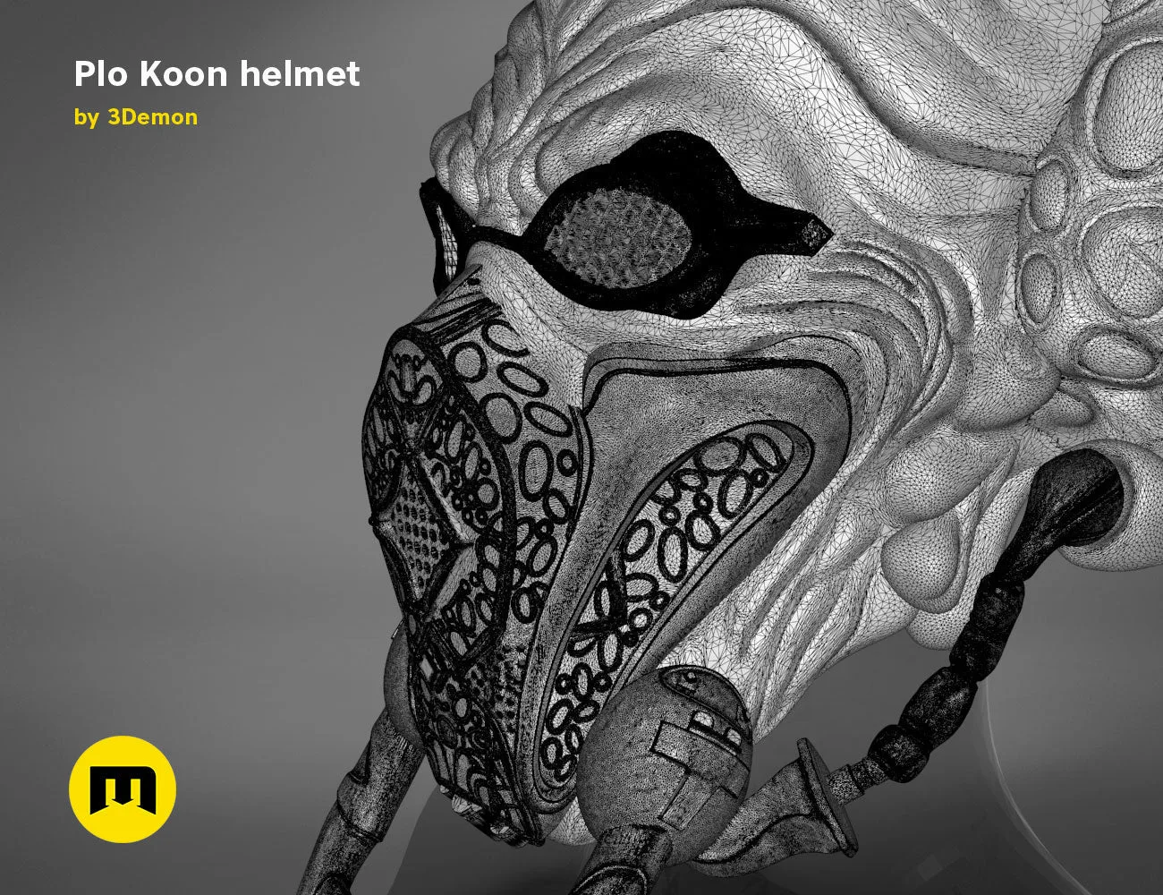 Wireframe mesh render of Plo Koon helmet STL, intricate side mesh detail, Star Wars cosplay prop