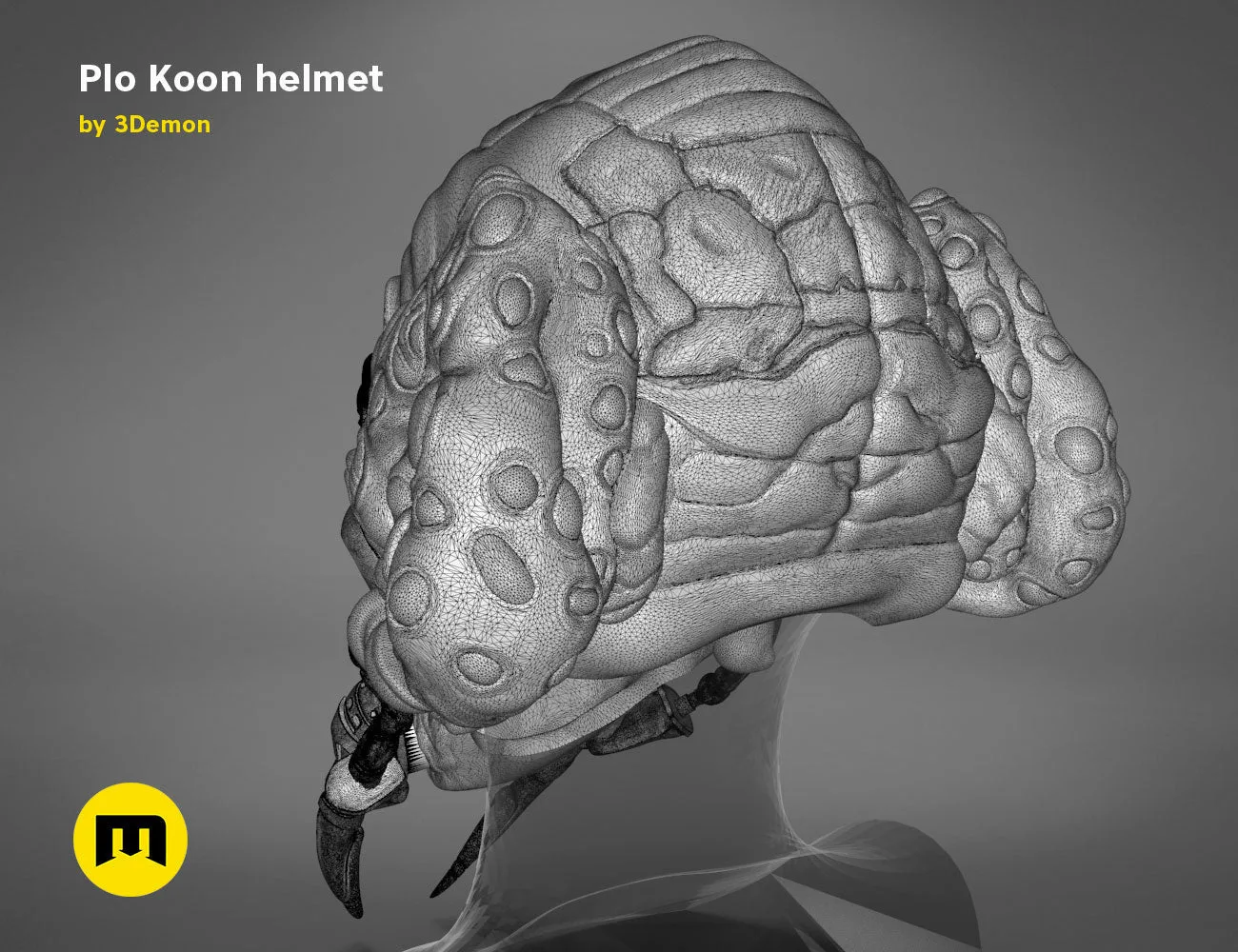 3D model render of Plo Koon helmet, detailed Star Wars cosplay prop, side view