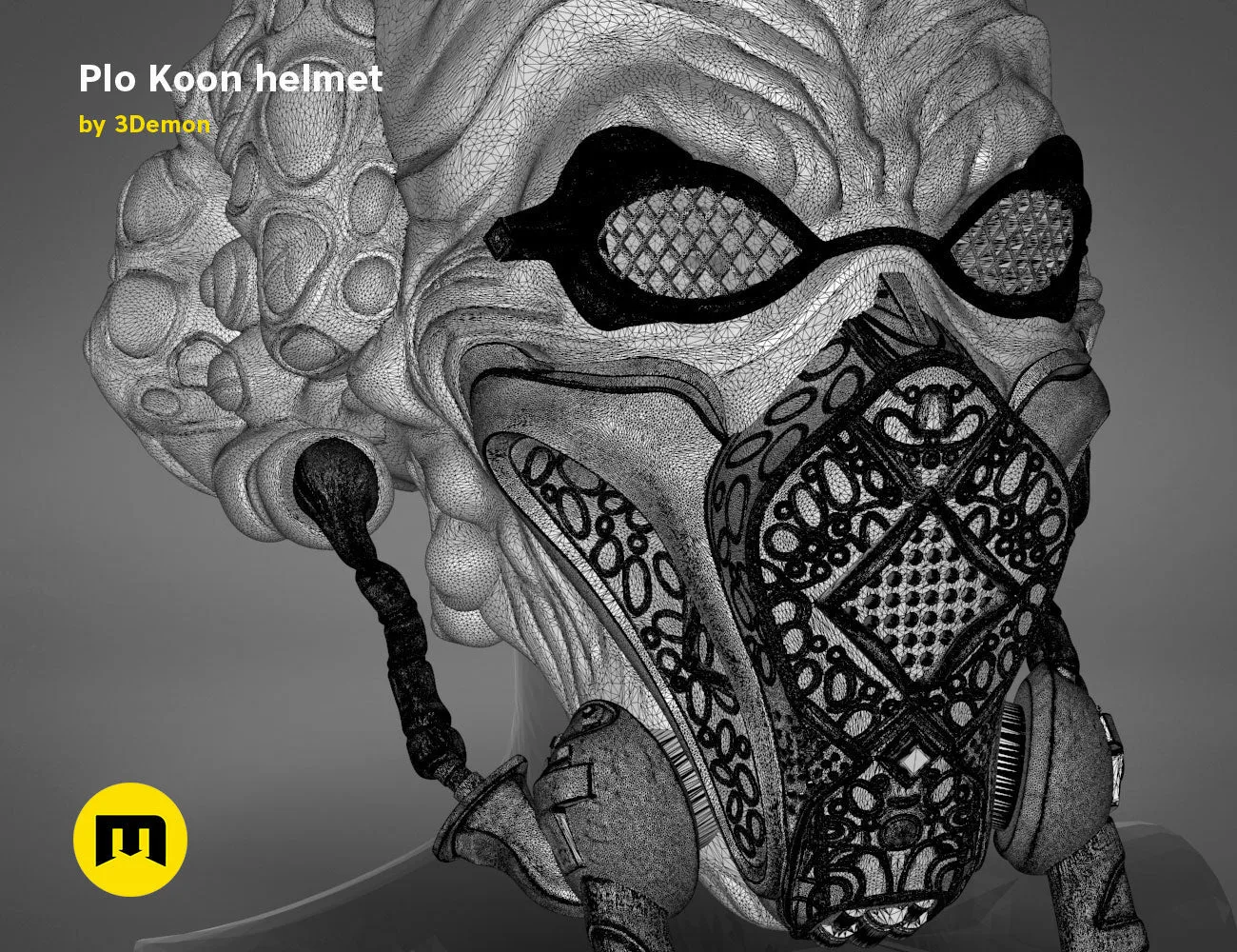 3D model render of Plo Koon helmet, intricate Mandalorian armor detail, 3D print cosplay prop