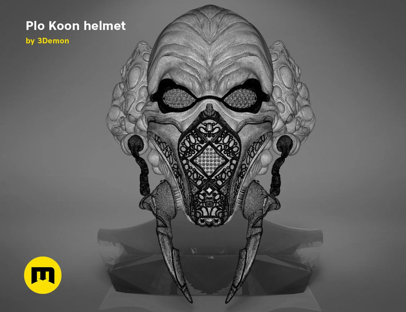 3D visualization of Plo Koon helmet STL, intricate faceplate and horned headpiece, Star Wars cosplay prop