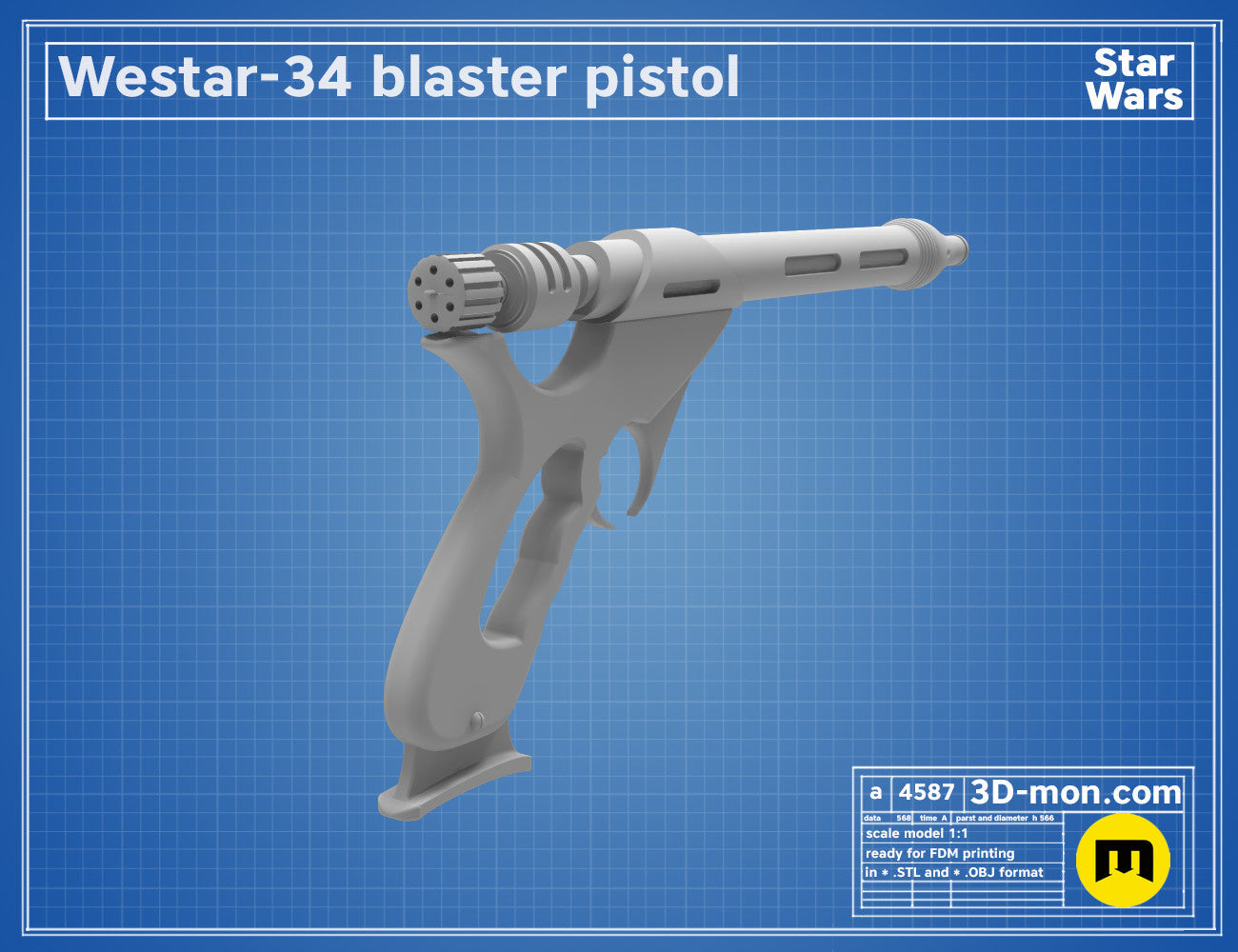 3D model render of Westar-34 Jango Fett Blaster, side view, 3D print cosplay prop