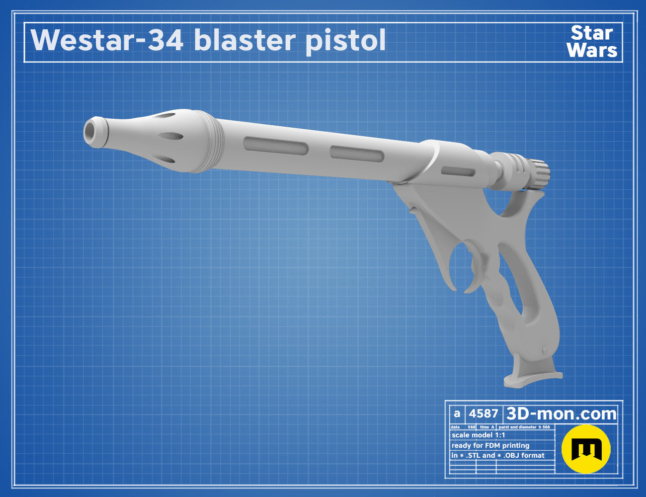 3D model render of Westar-34 Jango Fett Blaster, side view, 3D print cosplay weapon