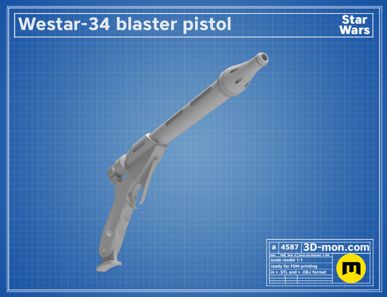 3D model render of Westar-34 Jango Fett Blaster, side view, Star Wars 3D print cosplay prop