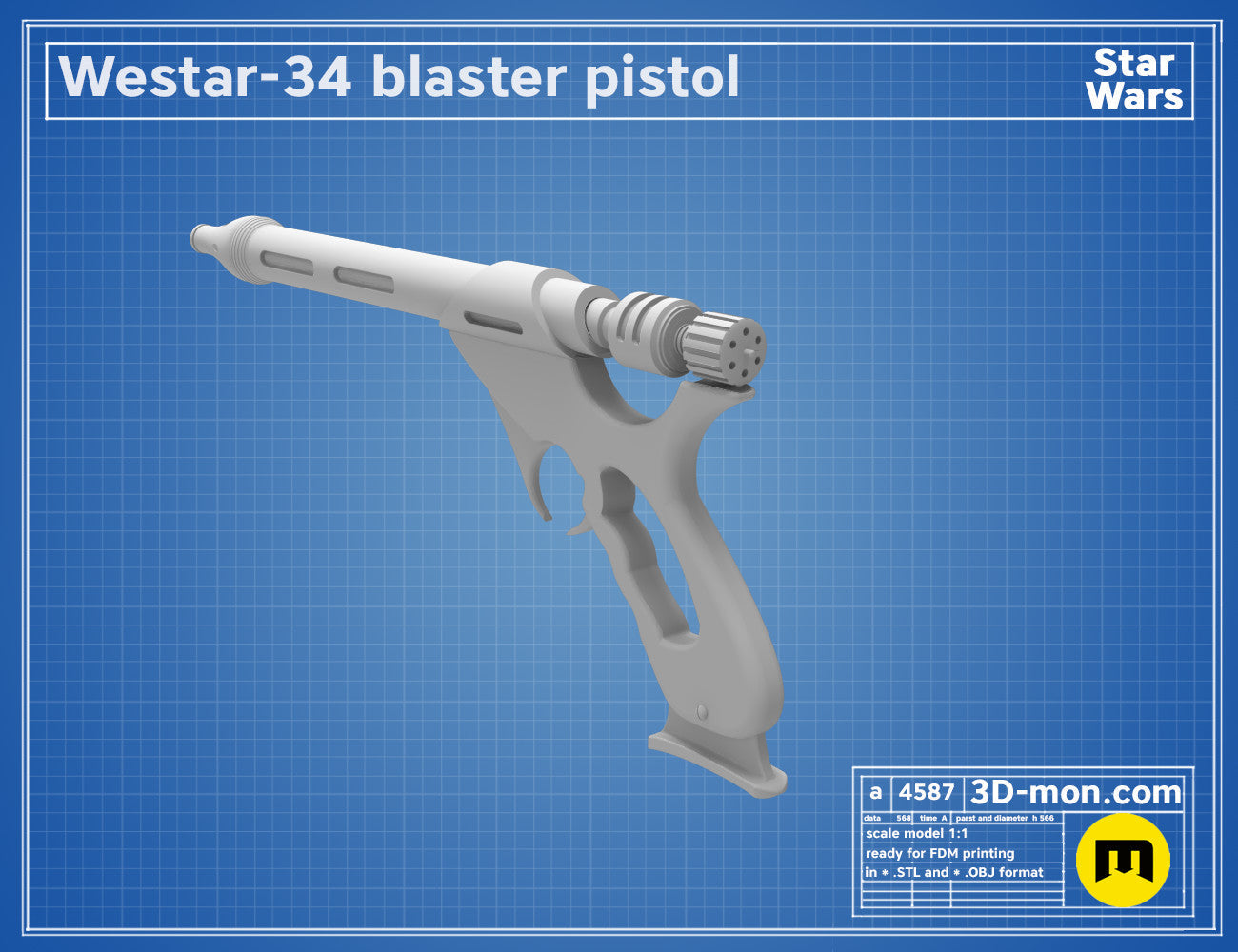 3D model render of Westar-34 Jango Fett Blaster, side view, Star Wars 3D print cosplay weapon