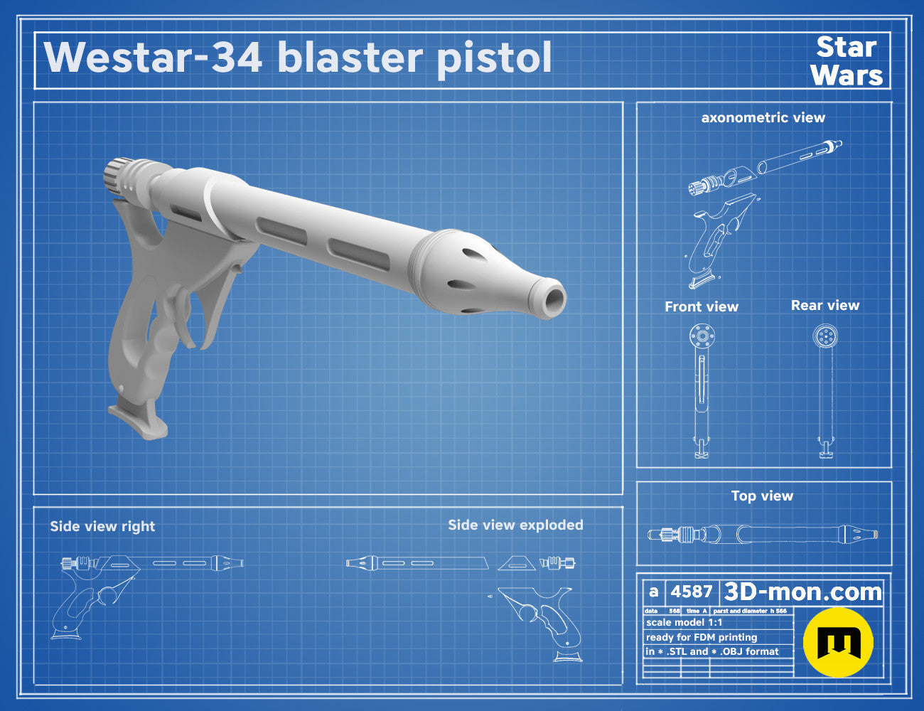 3D visualization of Westar-34 Jango Fett Blaster, Star Wars cosplay prop, exploded view