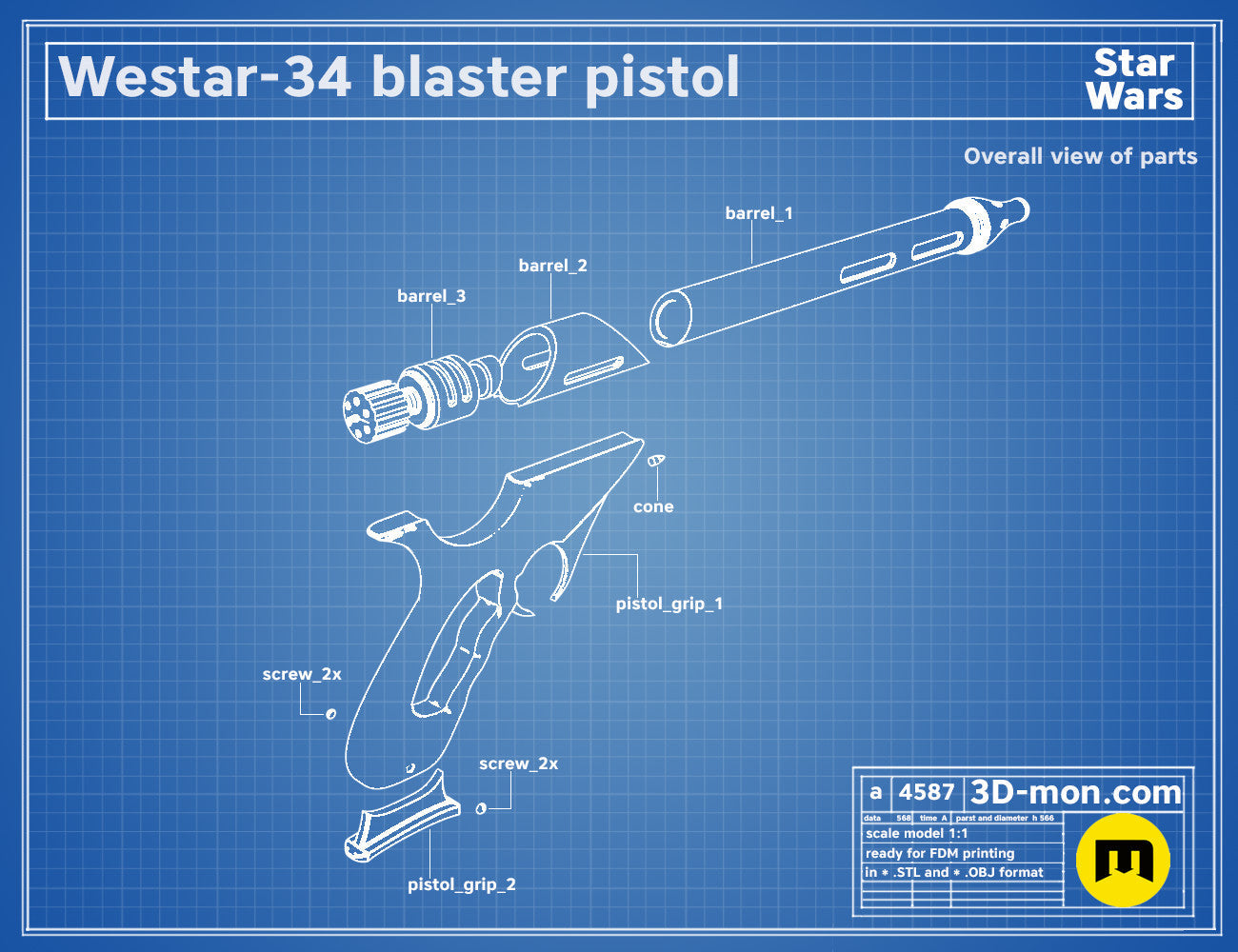 Exploded view of Westar-34 Jango Fett Blaster, labeled parts breakdown for 3D print cosplay weapon