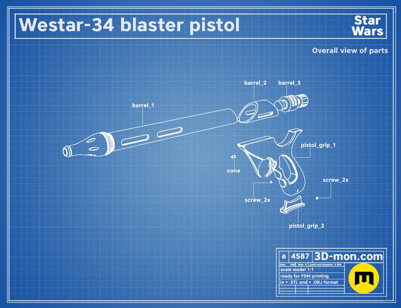 Exploded view of Westar-34 Jango Fett Blaster STL, labeled parts assembly guide, Star Wars cosplay prop