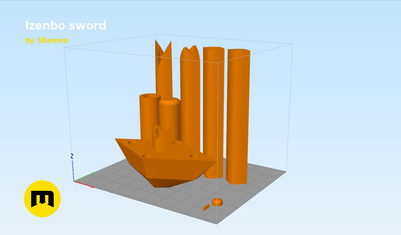 Slicer screenshot of Izenbo sword STL, orange parts on print bed grid, 3D print weapon