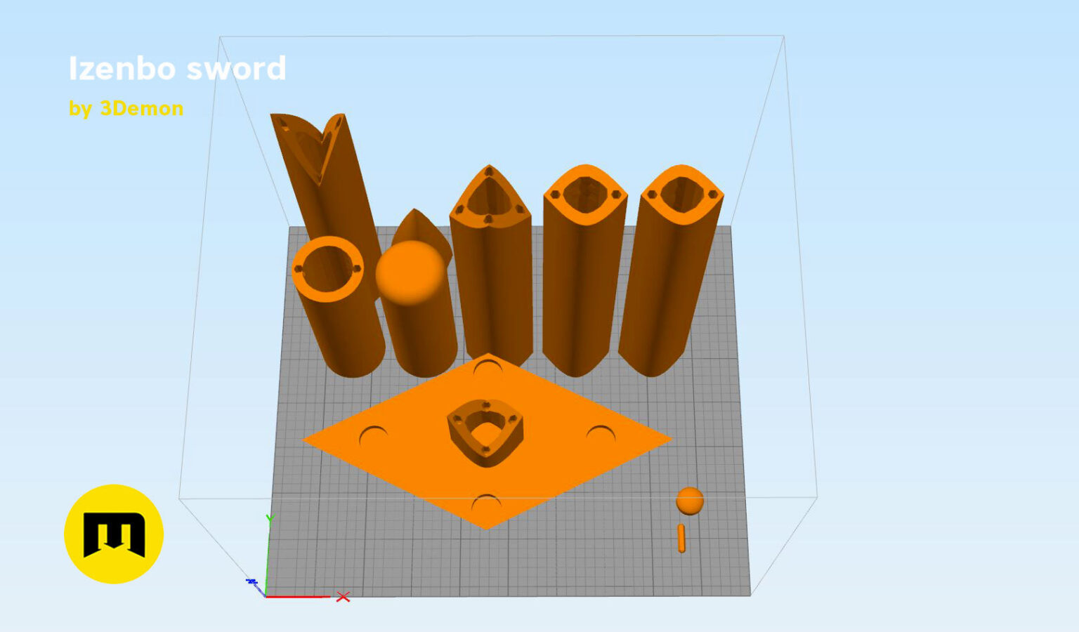 Color-coded parts breakdown of Izenbo sword STL, exploded view of 3D printed weapon parts