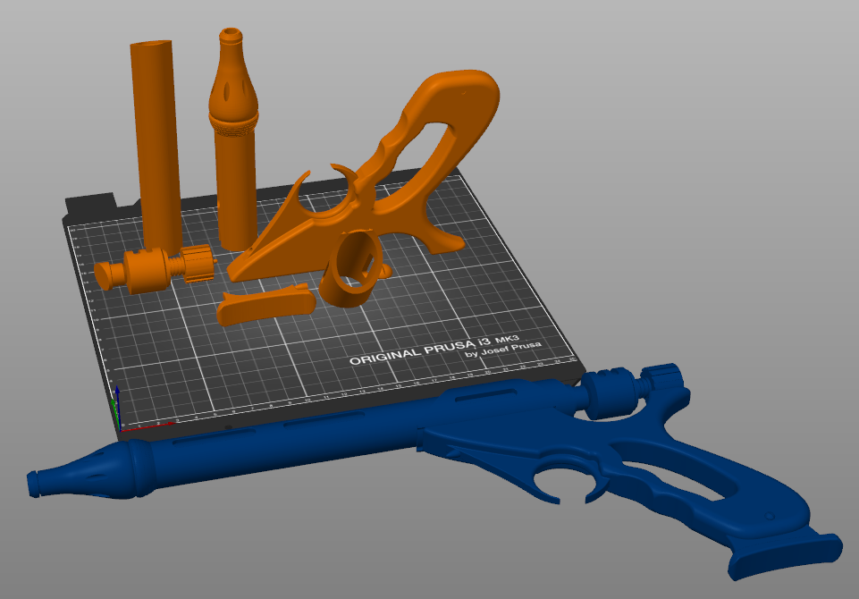 Slicer screenshot of Westar-34 Jango Fett Blaster STL, orange/blue parts on Prusa print bed