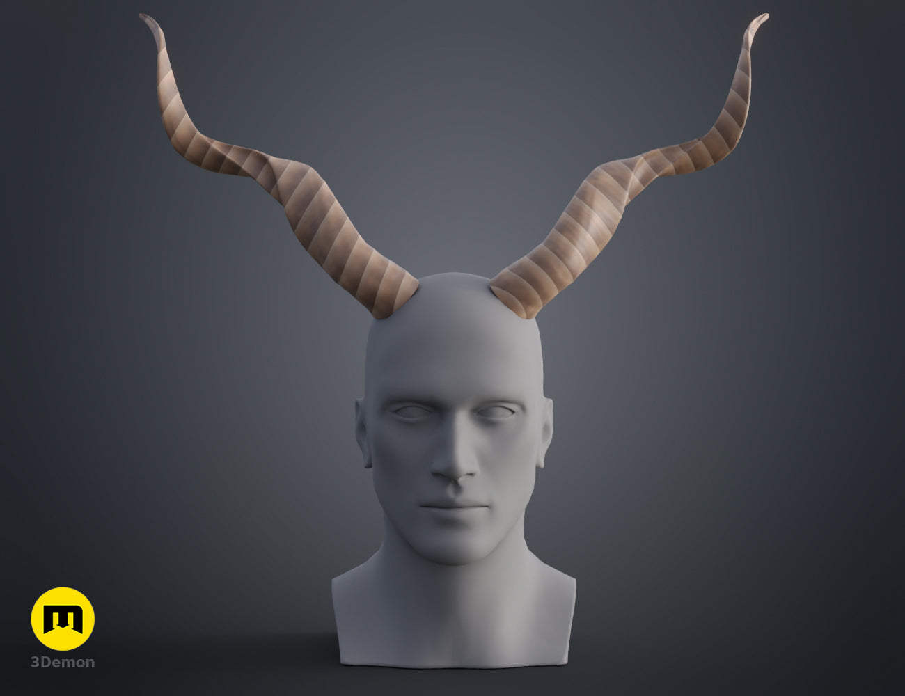 3D visualization of Kudu horns STL, curved metallic horns on human head, 3D print accessory