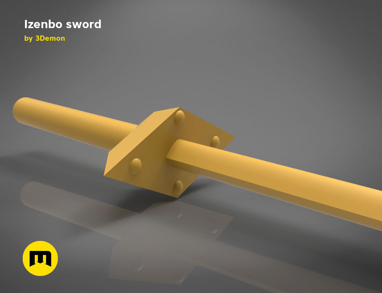 3D model render of Izenbo sword, gold-toned hilt and blade, fantasy 3D print cosplay prop