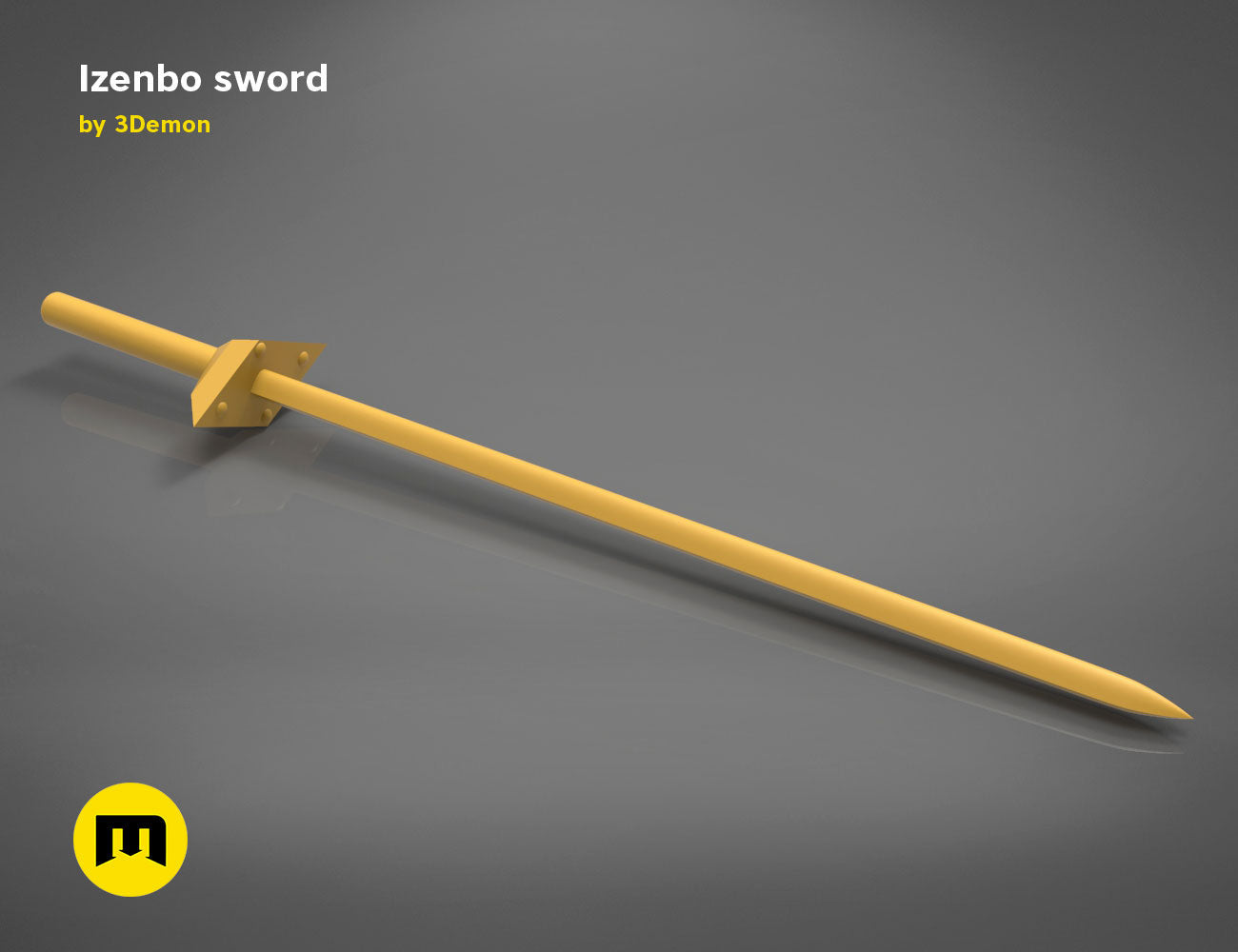 3D model render of Izenbo sword, yellow single-edged katana-style 3D print cosplay prop