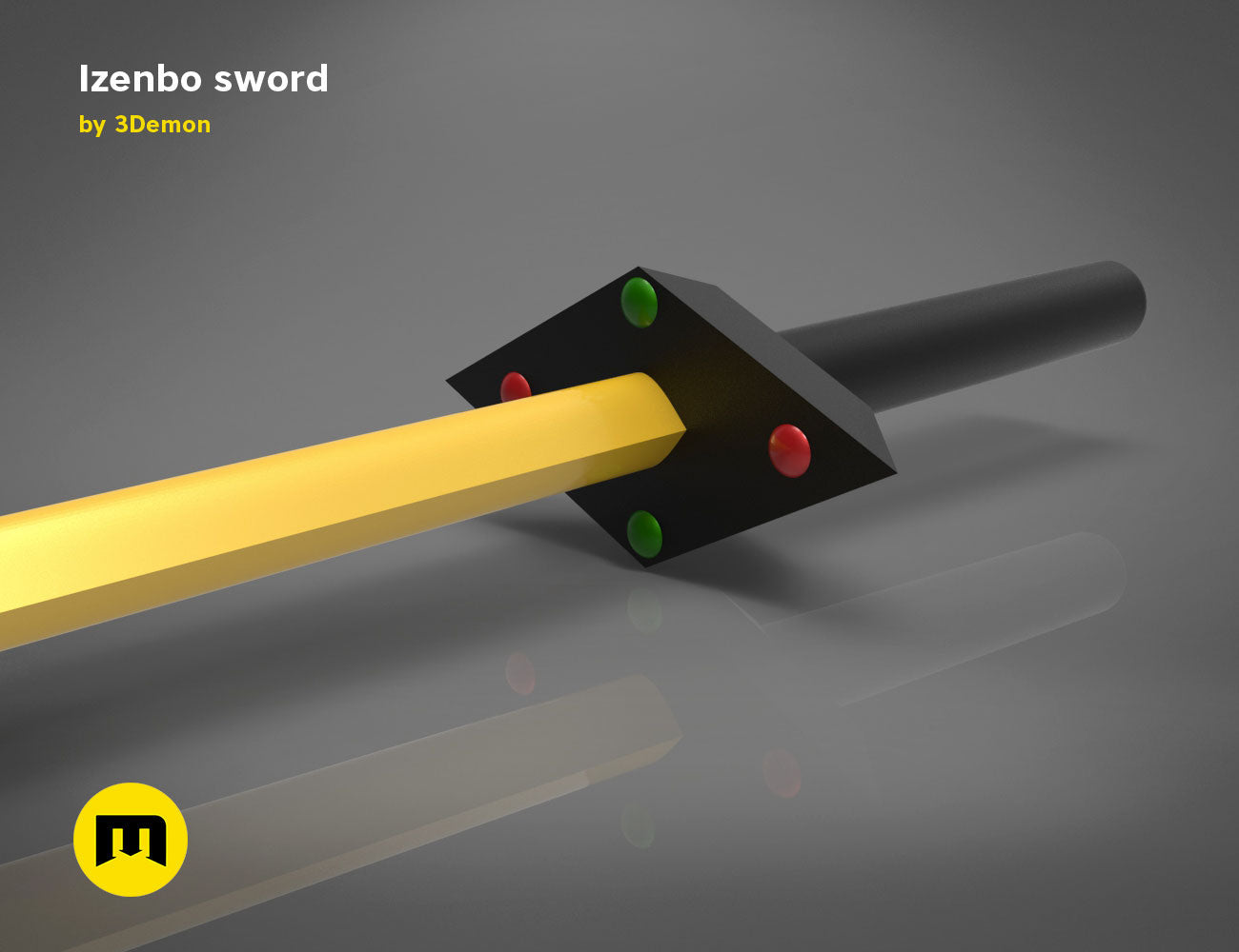 3D model render of Izenbo sword, dual-blade weapon with green/red gem accents, 3D print cosplay prop