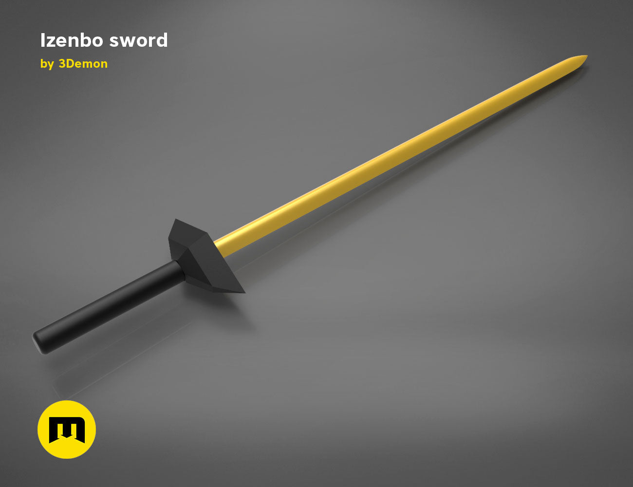 3D model render of Izenbo sword, golden blade with black hilt, fantasy 3D print cosplay prop