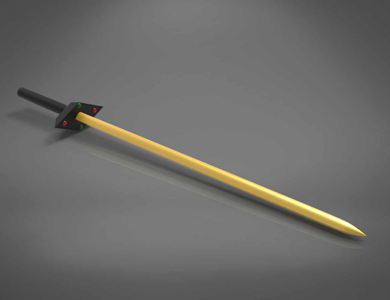 3D model render of Izenbo sword, golden blade with black hilt, 3D print cosplay prop