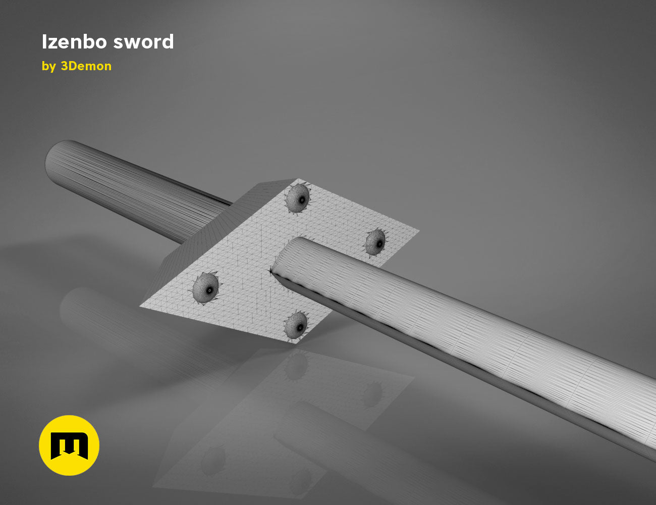 Wireframe mesh render of Izenbo sword STL, crossguard polygon structure, fantasy 3D print weapon