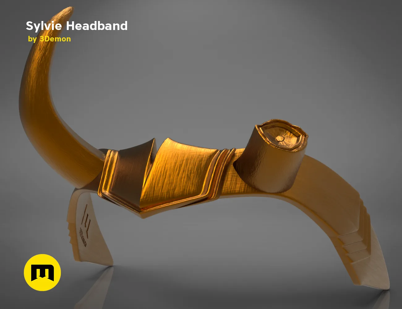 3D model render of Sylvie Horns Headband, golden metallic horns accessory for 3D print cosplay