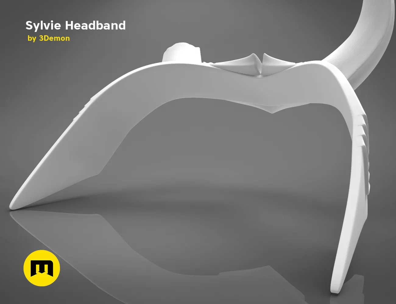 3D model render of Sylvie Horns Headband STL, side view with curved horns, 3D print accessory
