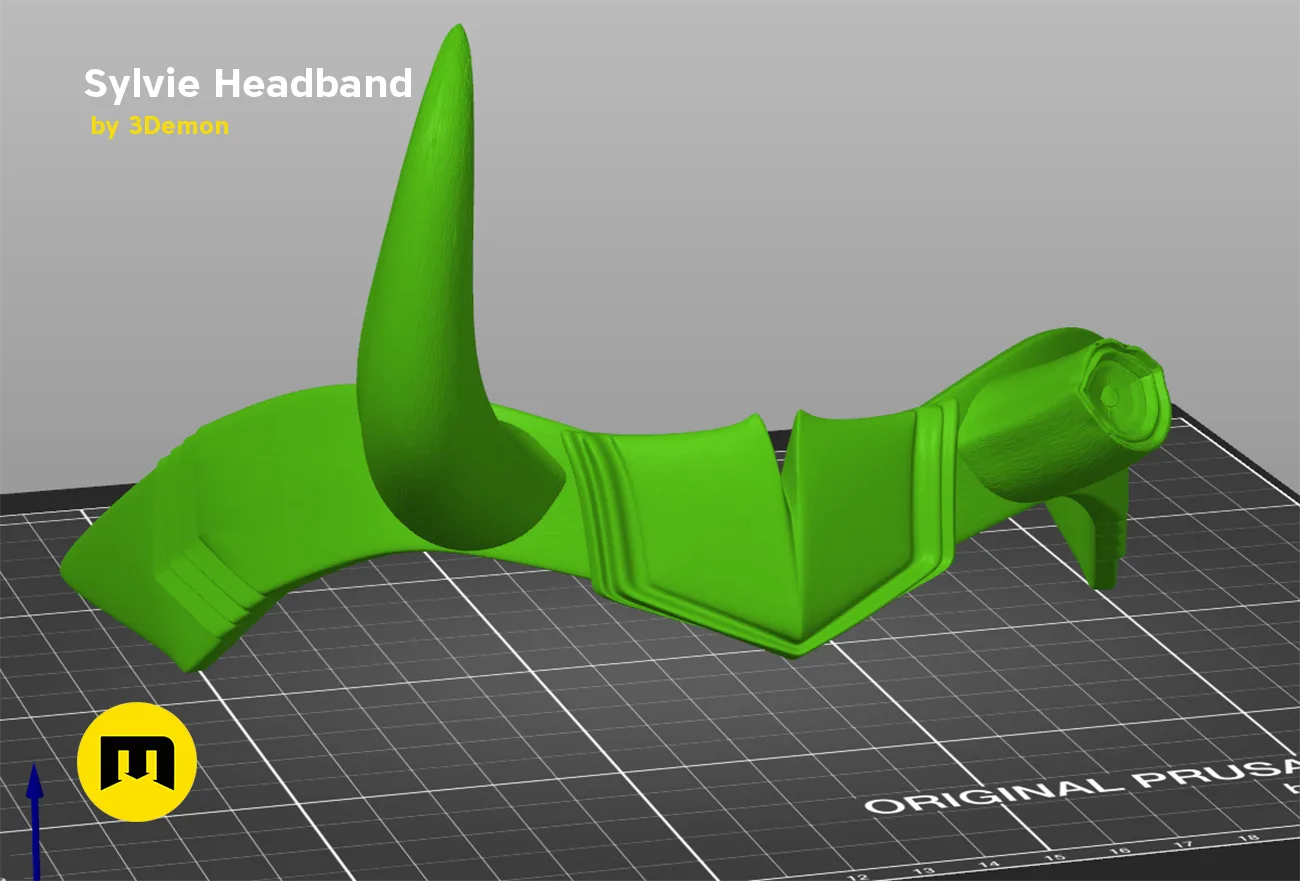 Slicer screenshot of Sylvie Horns Headband STL, green 3D print on Original Prusa bed