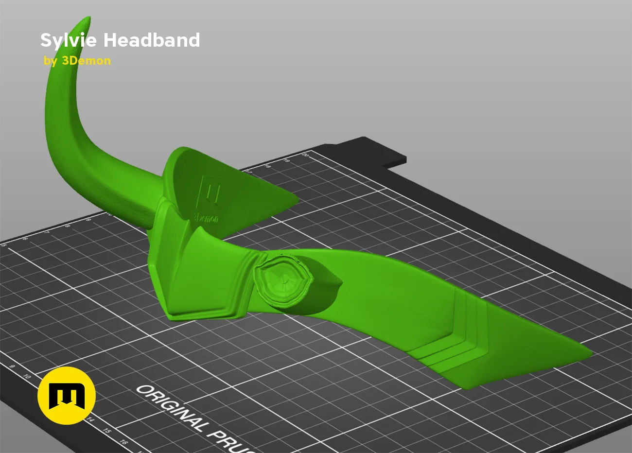 Slicer screenshot of Sylvie Horns Headband STL, green parts on Original Prusa print bed