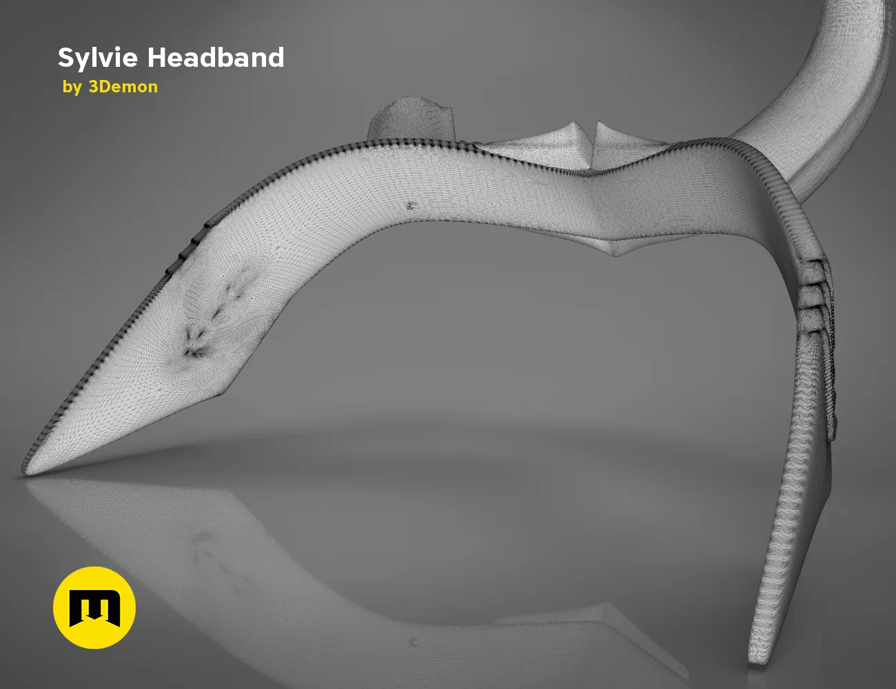 Wireframe mesh render of Sylvie Horns Headband STL, side polygon mesh with curved horns, 3D print accessory