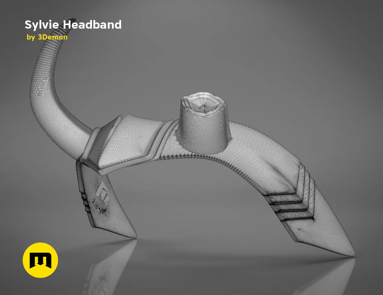 Wireframe mesh render of Sylvie Horns Headband STL, side polygon structure with mesh topology, 3D print accessory