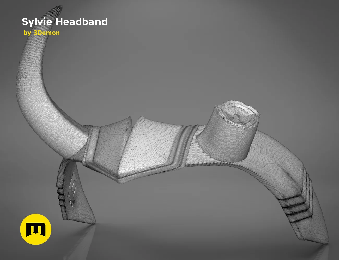 Wireframe mesh render of Sylvie Horns Headband STL, side view mesh topology, 3D print accessory