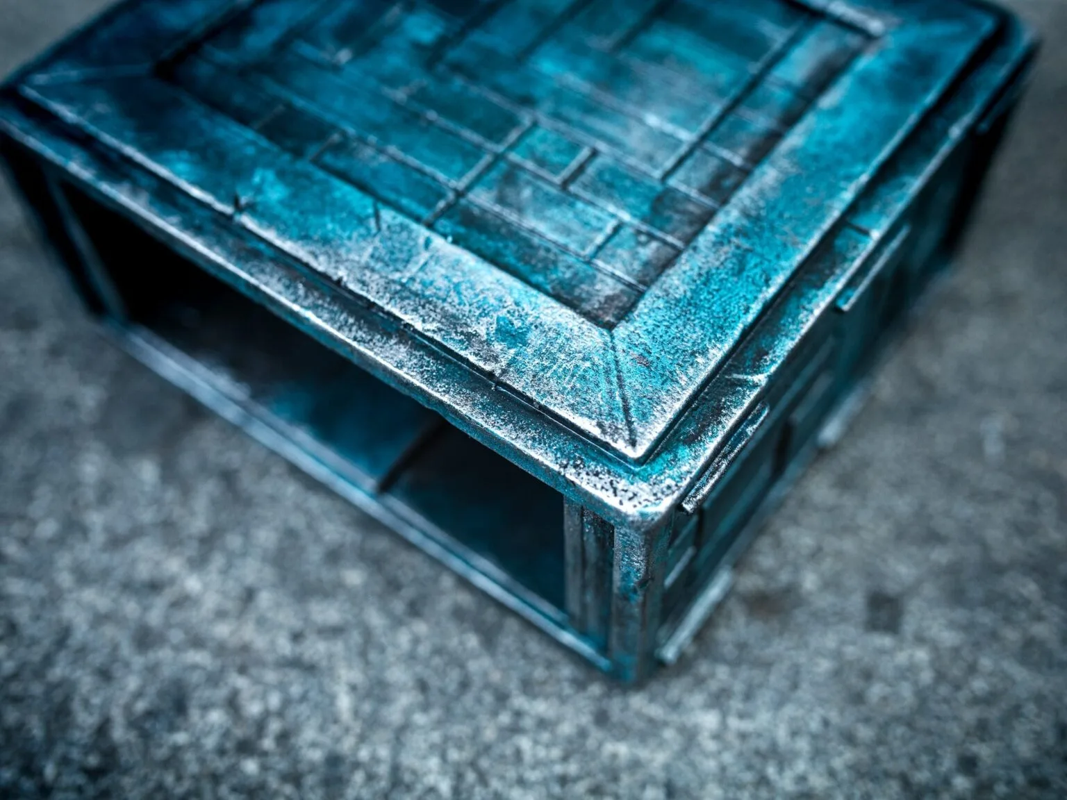 3D print preview of Box of Pain STL, turquoise and grey exploded view, 3D printed puzzle