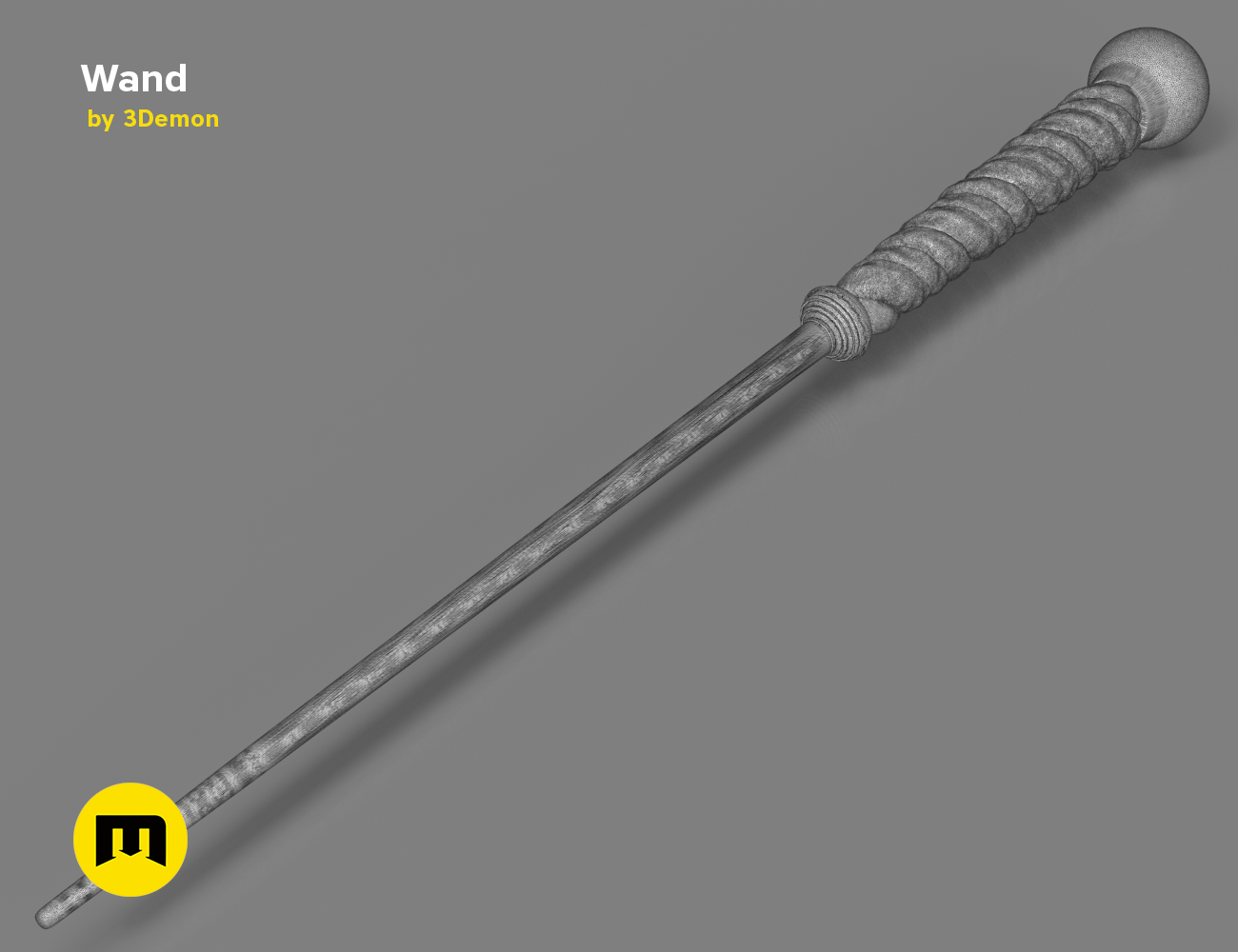 3D model render of Alecto Carrow's Wand STL, textured silver 3D print cosplay prop, detailed spiral handle.