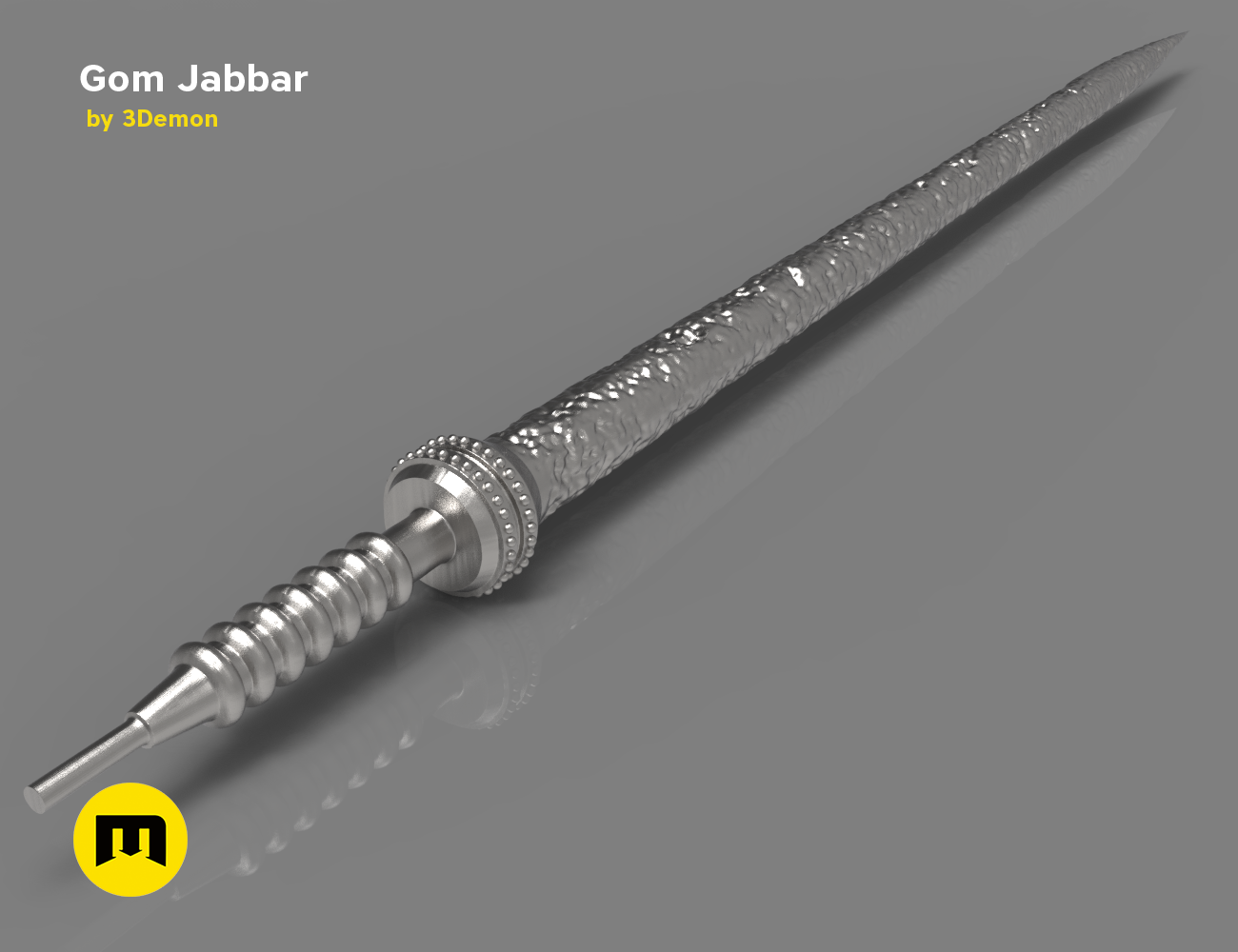 3D model render of Gom Jabbar, metallic textured drill bit with knurled handle, 3D print tool