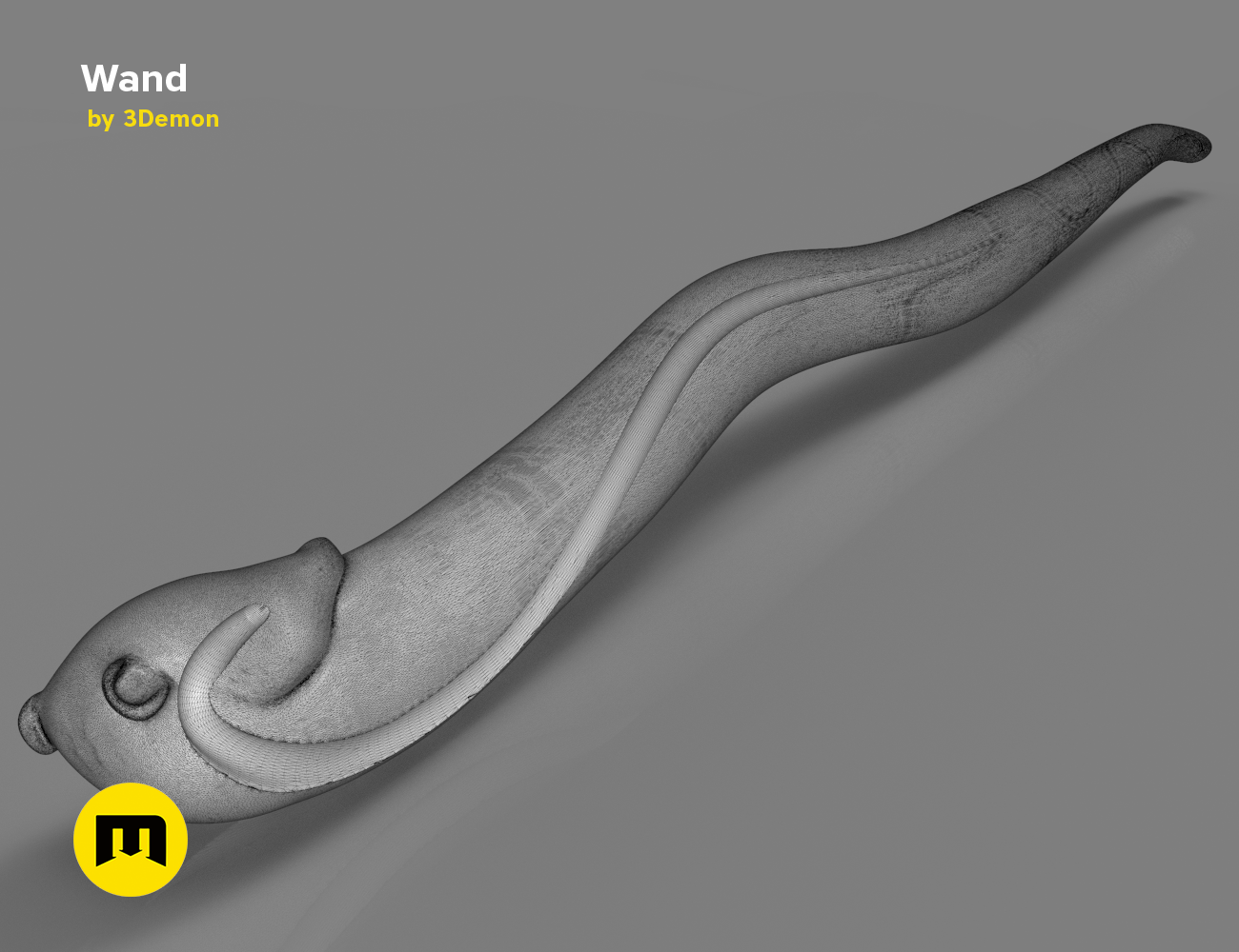 3D model render of Helga Hufflepuff's Wand STL, curved wooden 3D print cosplay prop