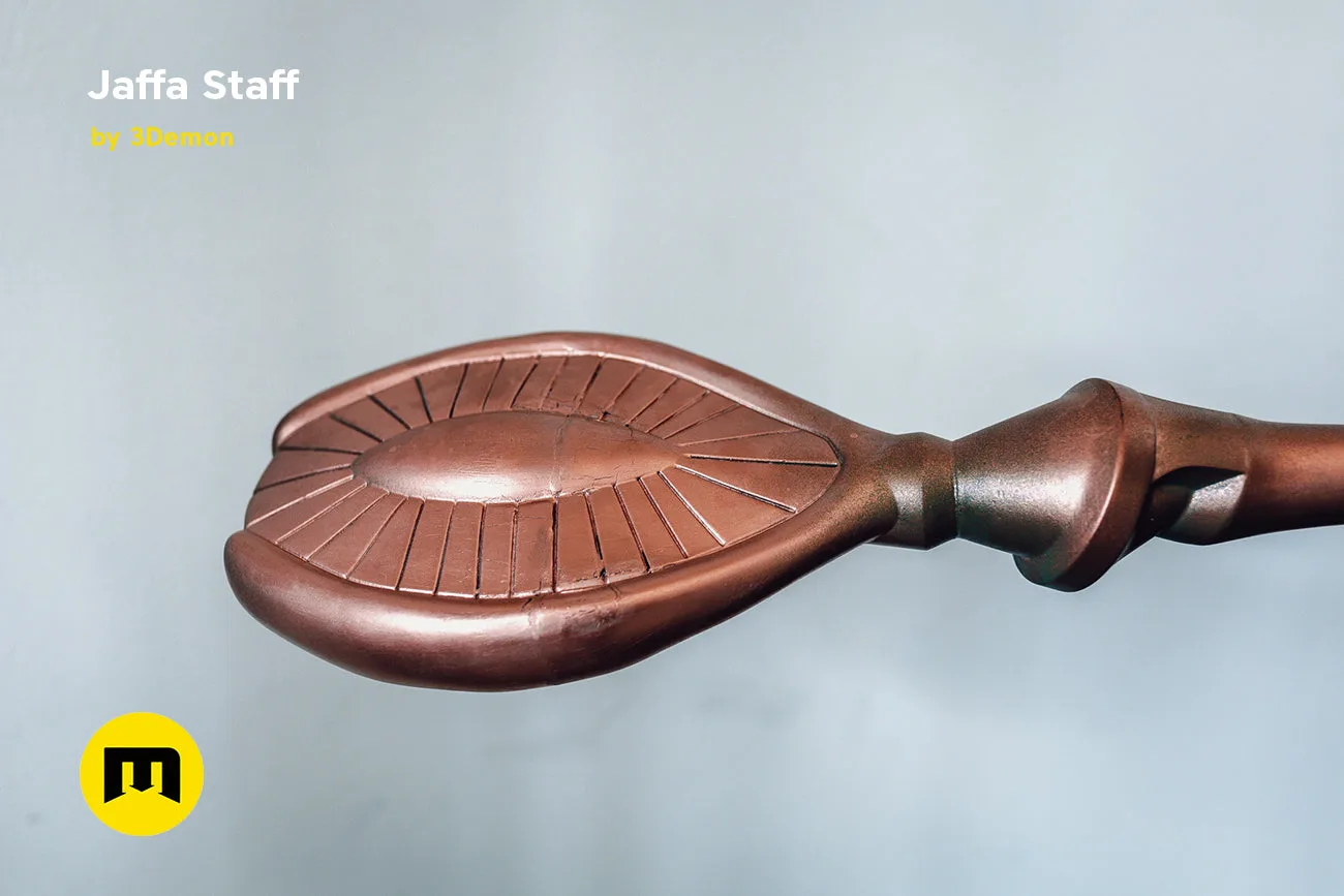 3D model render of Ma'Tok Jaffa Staff, bronze-colored fantasy weapon with ridged blade, 3D print cosplay prop