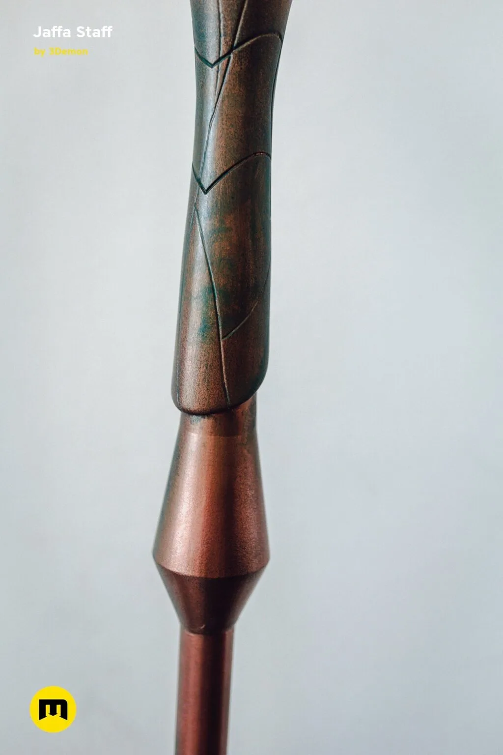3D model render of Ma'Tok Jaffa Staff, bronze textured handle with segmented design, 3D print cosplay prop