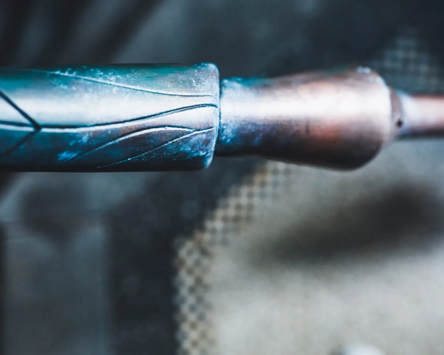 3D model render of Ma'Tok Jaffa Staff STL, blue metallic hilt detail, 3D print cosplay prop