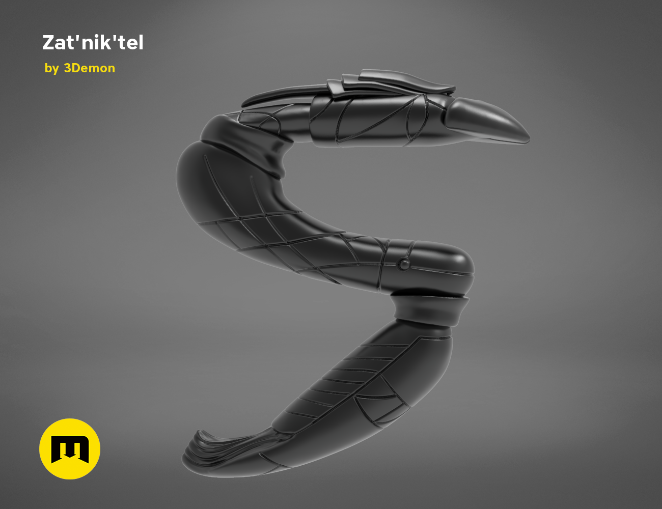 3D model render of Zat'nik'tel Gun, futuristic sci-fi weapon with articulated barrel, 3D print cosplay prop