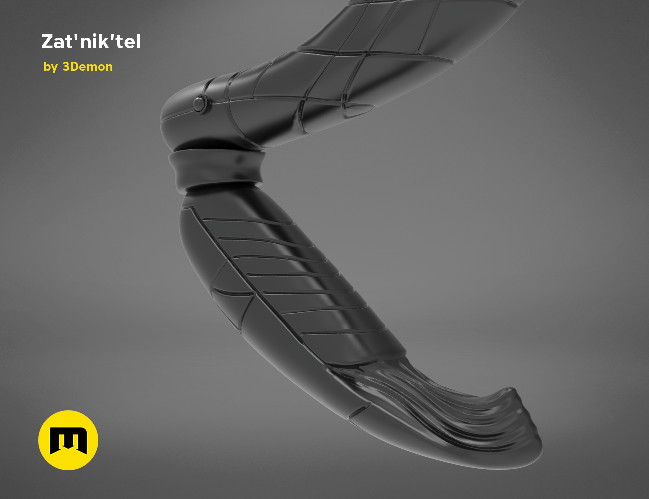 3D model render of Zat'nik'tel Gun, futuristic sci-fi weapon with articulated barrel, 3D print cosplay prop