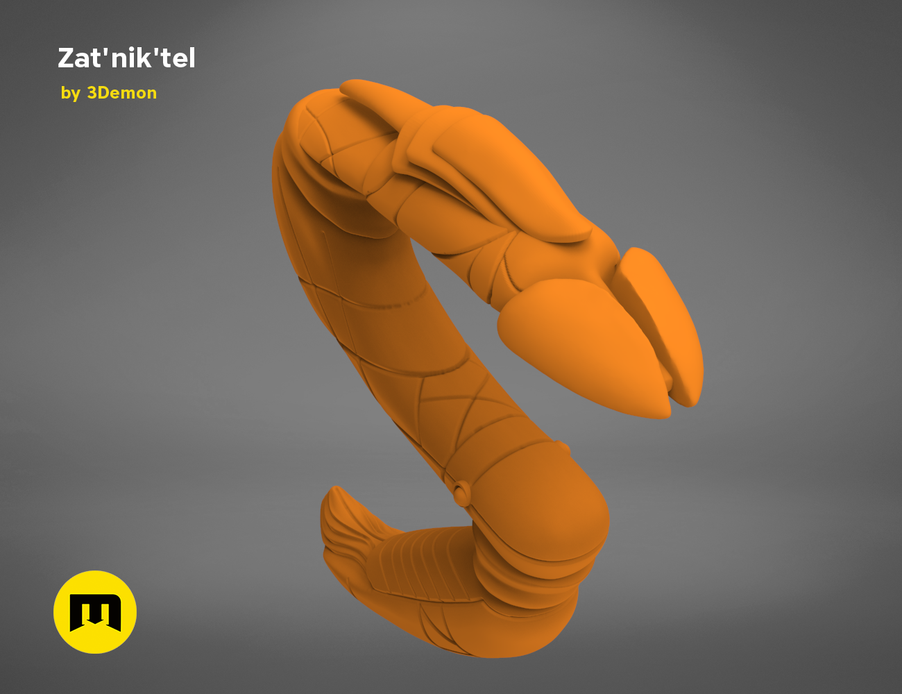 3D model render of Zat'nik'tel Gun, futuristic sci-fi weapon with articulated joints, 3D print cosplay prop