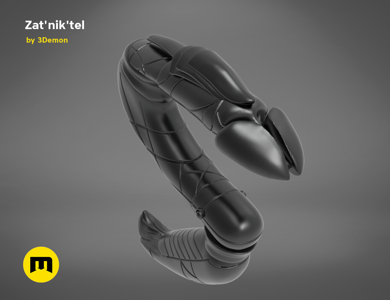 3D model render of Zat'nik'tel Gun, futuristic sci-fi weapon with articulated elbow joint, 3D print cosplay prop