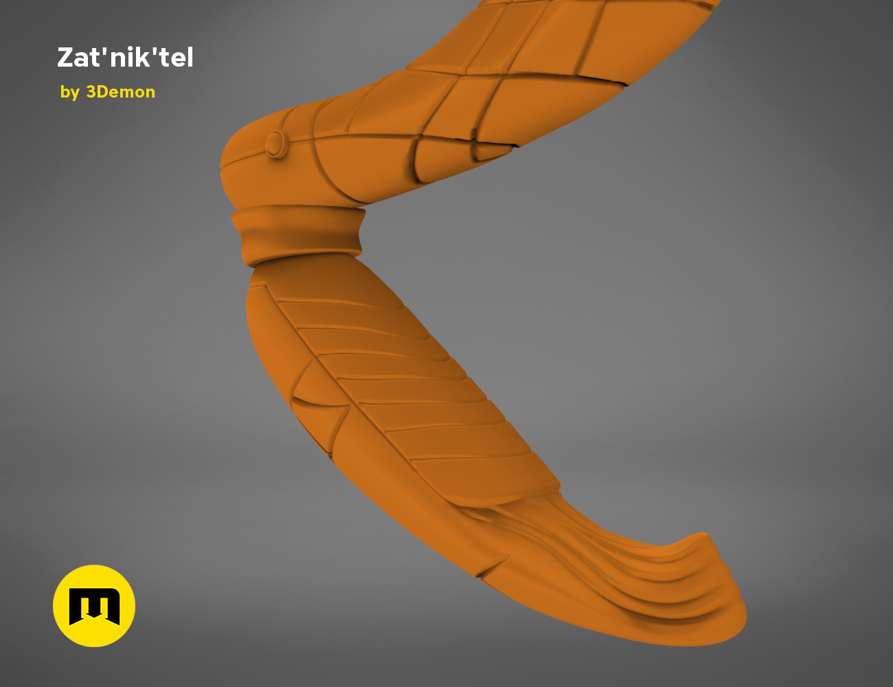 3D model render of Zat'nik'tel Gun, orange sci-fi weapon with articulated elbow joint, 3D print cosplay prop