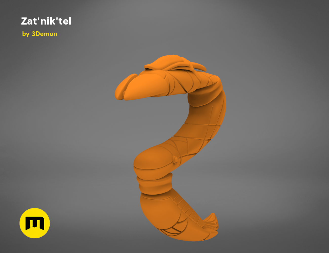 3D model render of Zat'nik'tel Gun, orange sci-fi weapon with articulated elbow joint, 3D print cosplay prop